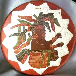 Vintage Mayan Pottery Plate Hand Painted carved wall hanging Terracota 8"
